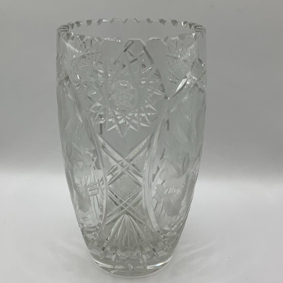 American Brilliant Vintage Crystal Engraved Cut Floral Sawtooth Rim 8" Vase - Picture 4 of 7